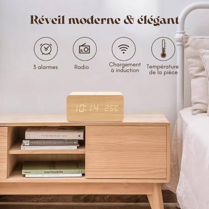 Réveil numérique en bois avec chargeur induction